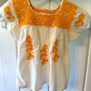 White Cotton Peasant Top with Yellow/Orange Embroidery